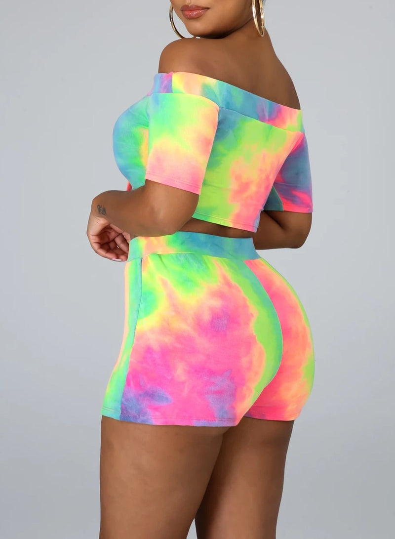 Tie-dyed Off Shoulder Tight Fit Two Pieces Set