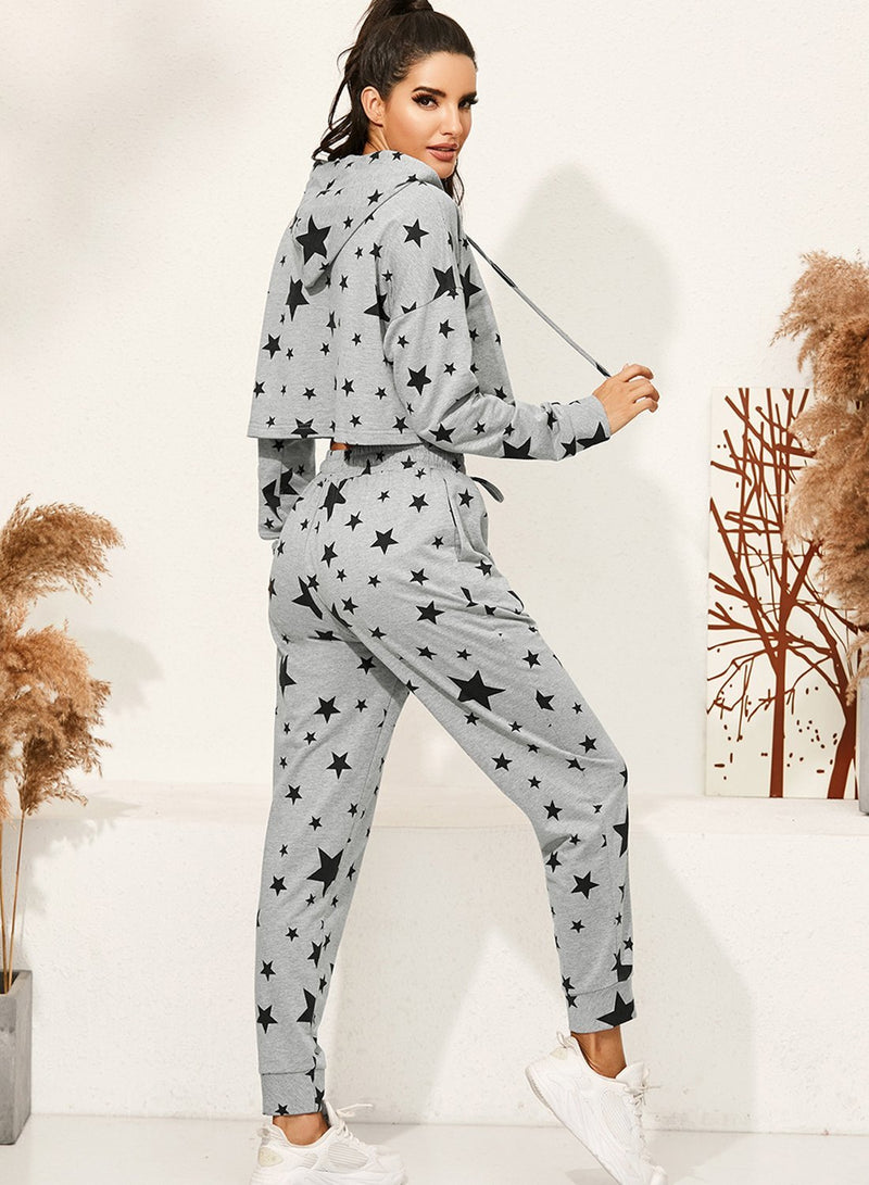 Star Print Casual Two Piece Set Hoodie