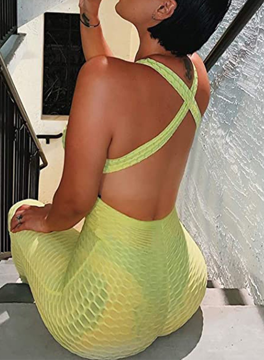 Women's Solid Color Backless Textured Yoga Jumpsuits
