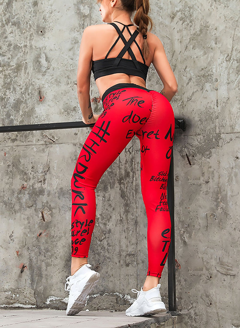 Comfy Breathable Red Letter Print Sports Leggings-JustFittoo