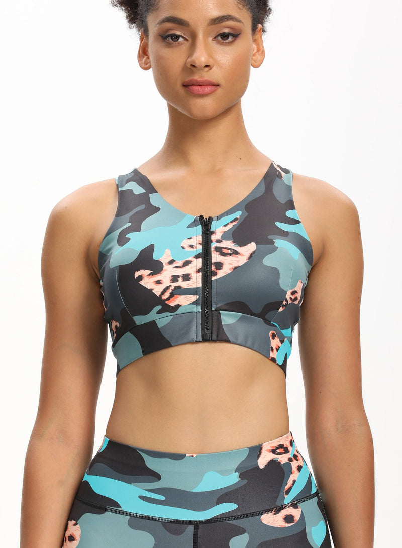 Women Zipper Camouflage Print Fitness Sport Bra