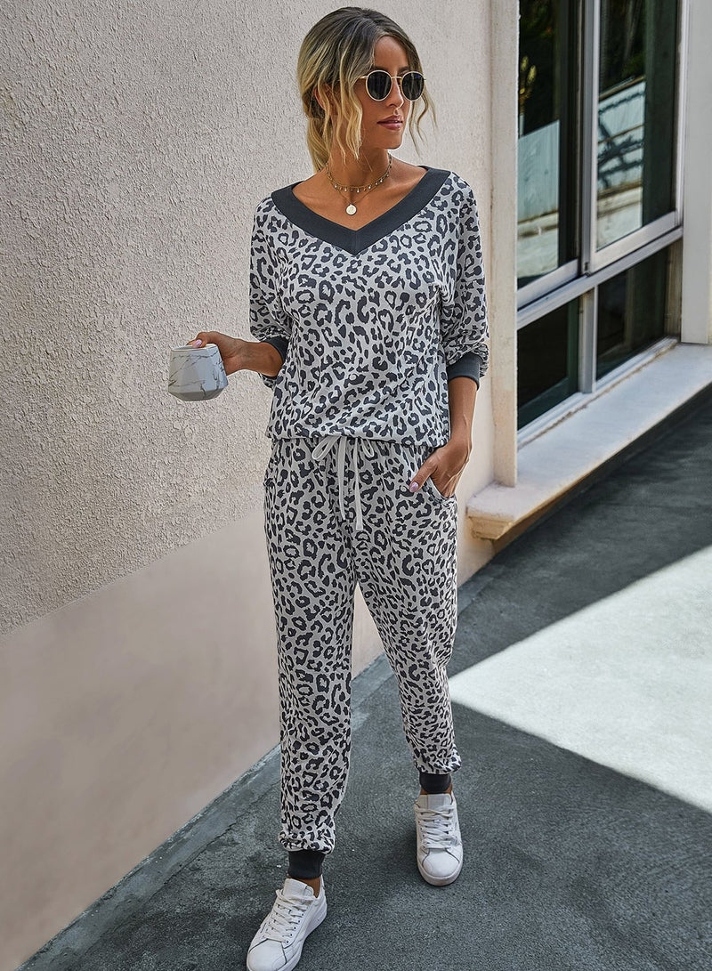 Women Fall V Neck Leopard Casual Two Pieces Sets