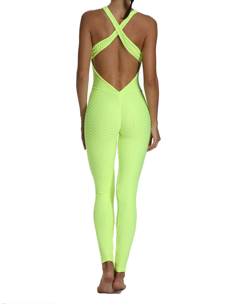 Women's Solid Color Backless Textured Yoga Jumpsuits