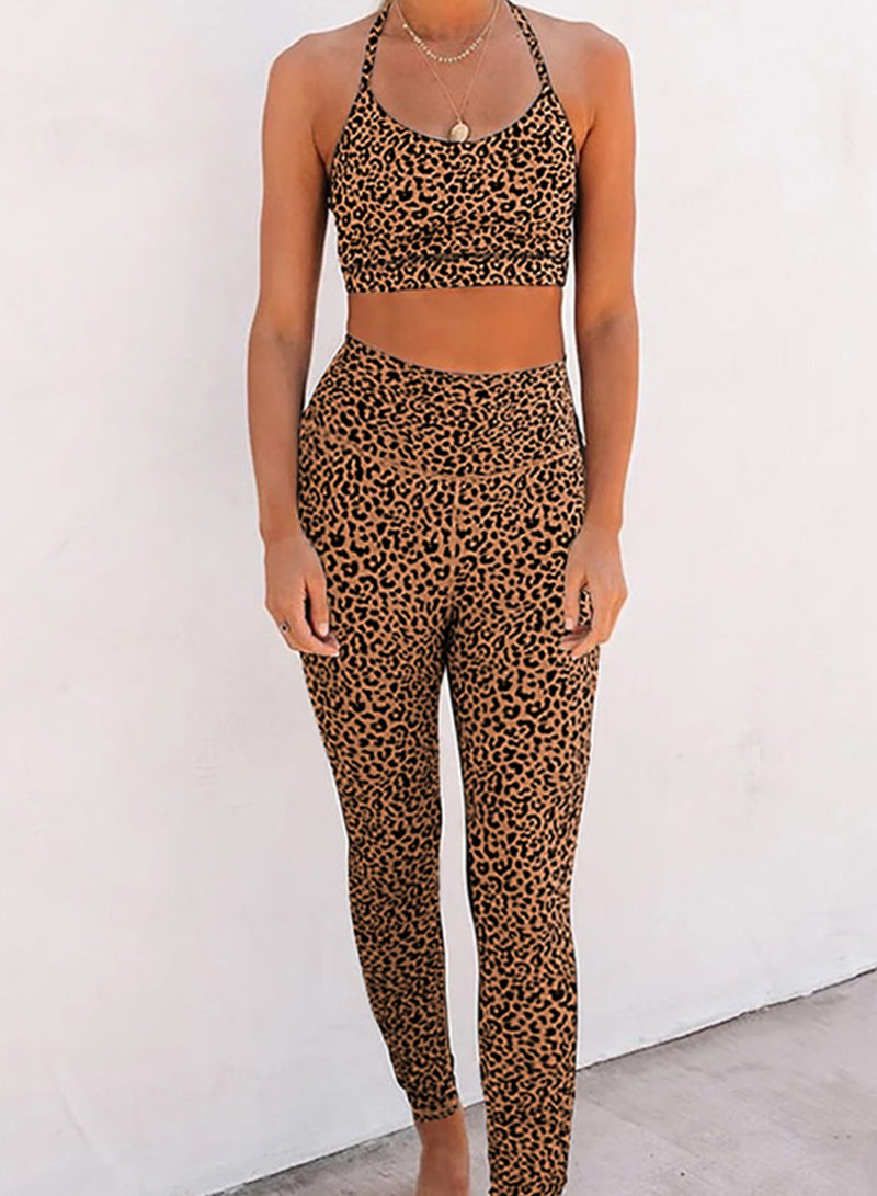 Star Leopard Print Women Sports Bra and Legging Set