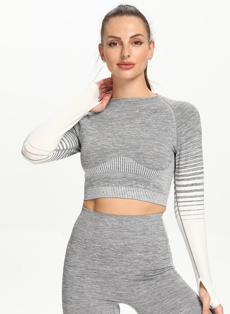 Women Contrast Color Long Sleeve Crop Sports Top