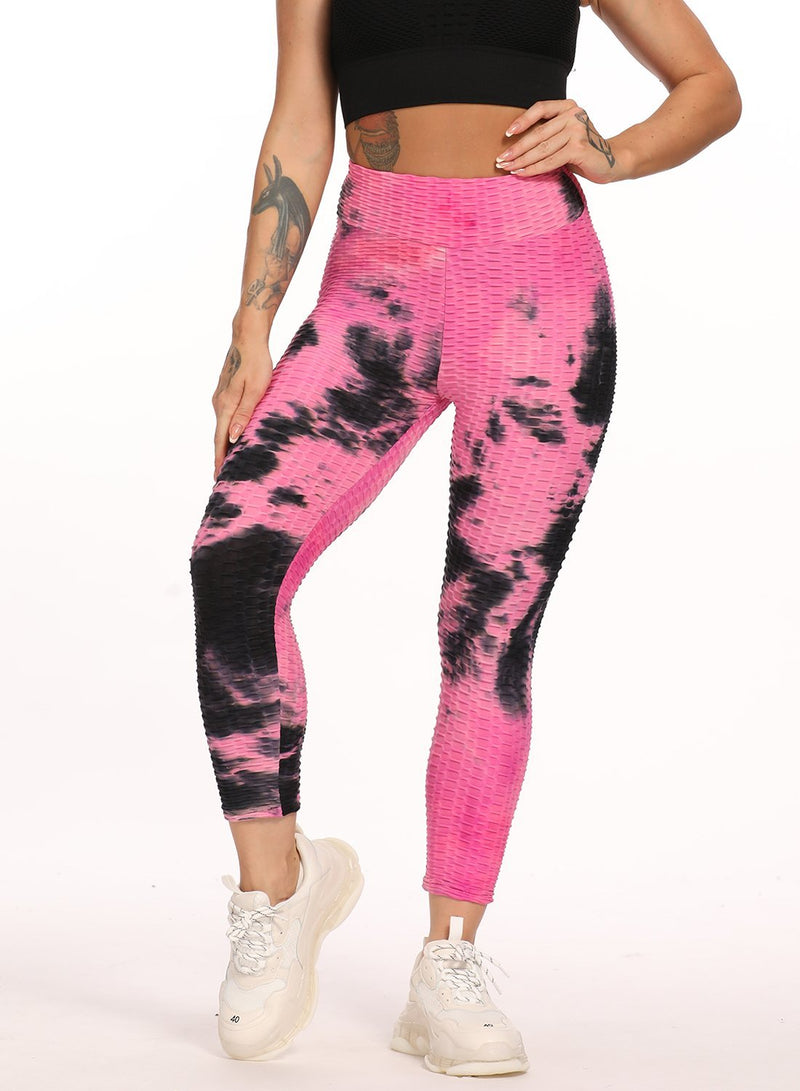 Stretchy Textured Tie-dyed Ruched Sports Cropped Leggings