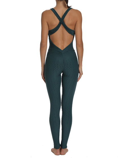 Women's Solid Color Backless Textured Yoga Jumpsuits