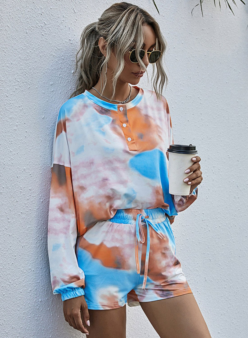 Tie Dyed Long Sleeve and Short Pants Casual Set