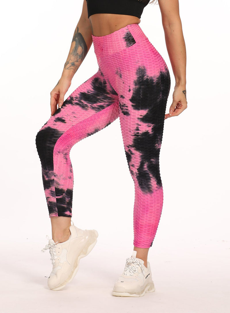 Stretchy Textured Tie-dyed Ruched Sports Cropped Leggings