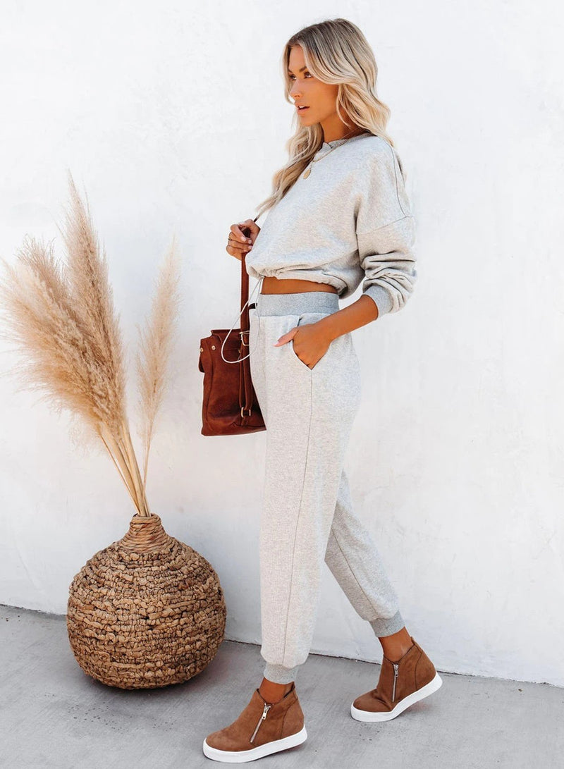 Women Fall Solid Round Neck Casual Sets