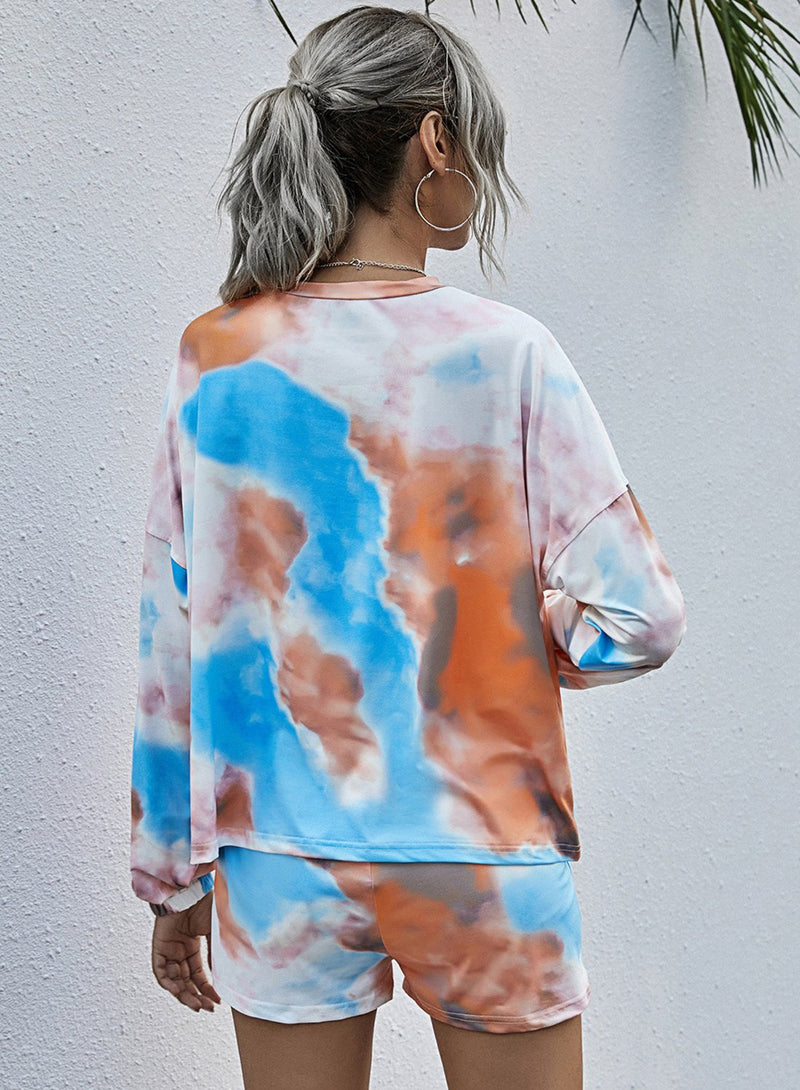 Tie Dyed Long Sleeve and Short Pants Casual Set