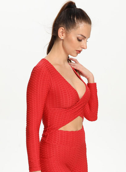 Sexy V Neck Long Sleeve Cross Design Women Sport Top