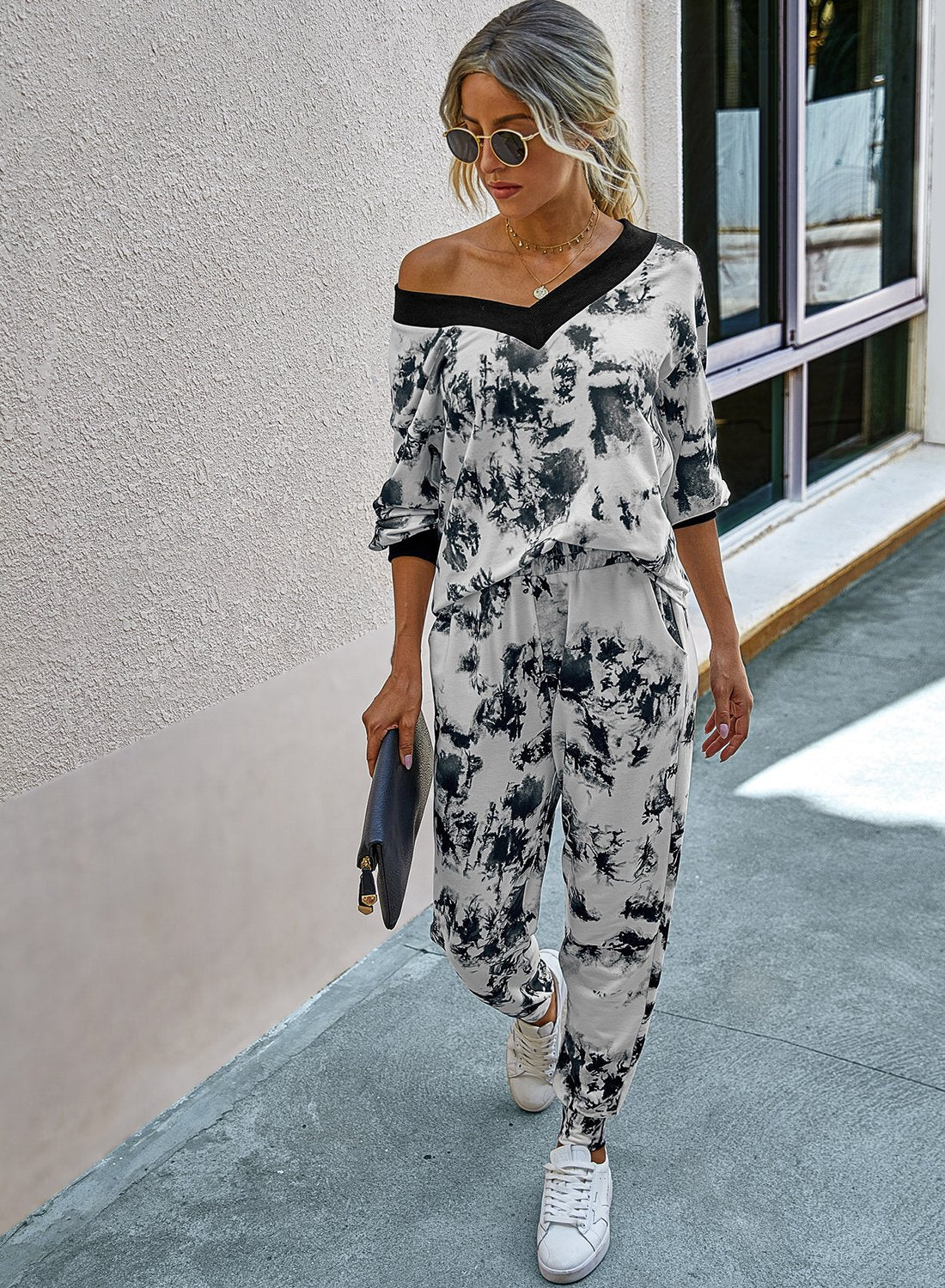 Women Fall V Neck Leopard Casual Two Pieces Sets