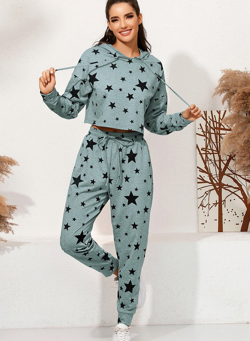 Star Print Casual Two Piece Set Hoodie