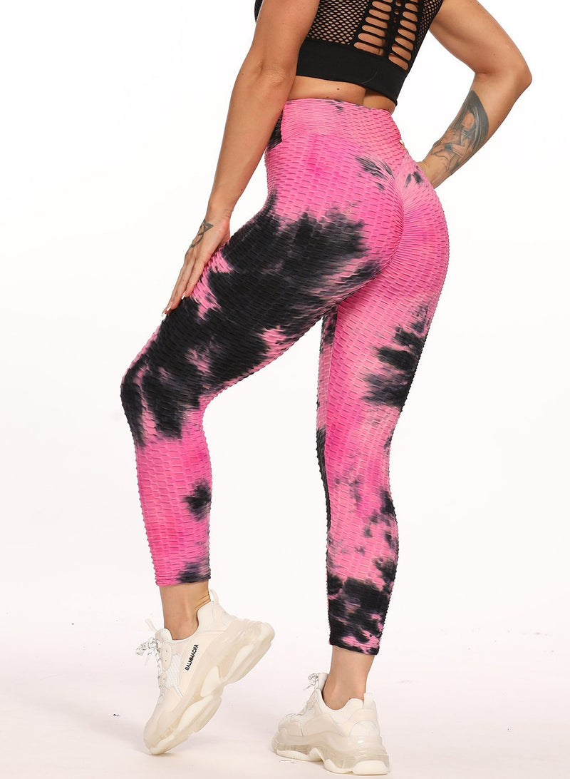 Stretchy Textured Tie-dyed Ruched Sports Cropped Leggings