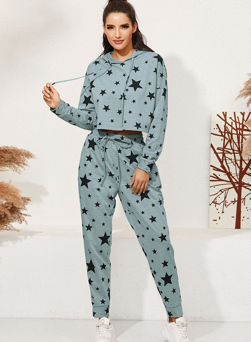 Star Print Casual Two Piece Set Hoodie