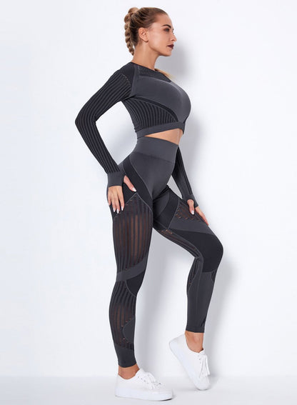 Seamless Women Solid Hollow Out Sport Shirt and Legging-JustFittoo