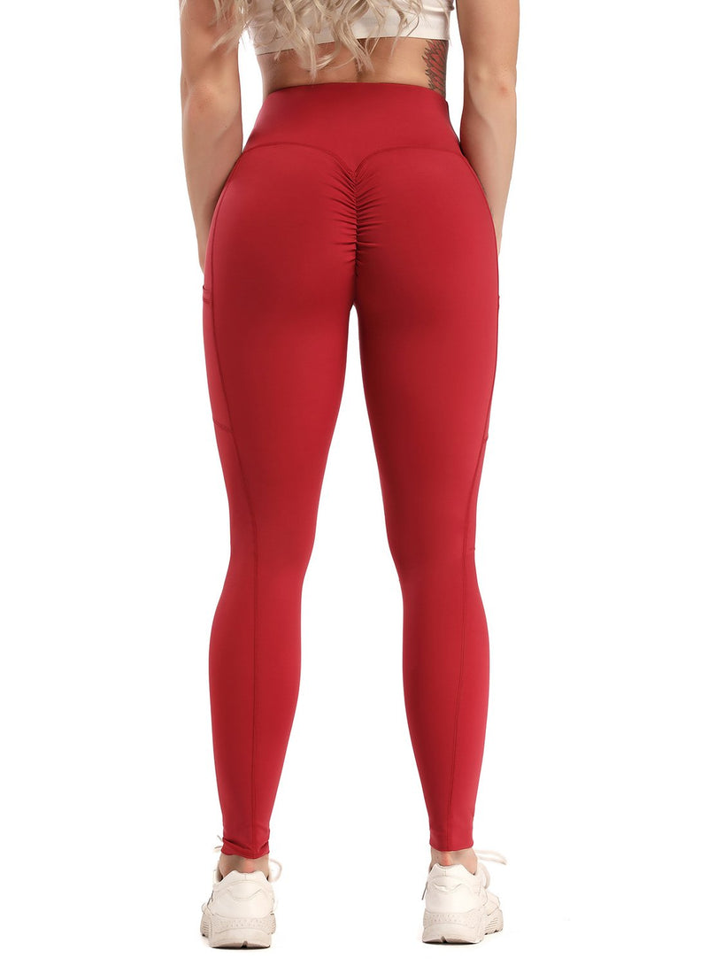 Solid Color Ruched High Waist Pockets Fitness Leggings-JustFittoo