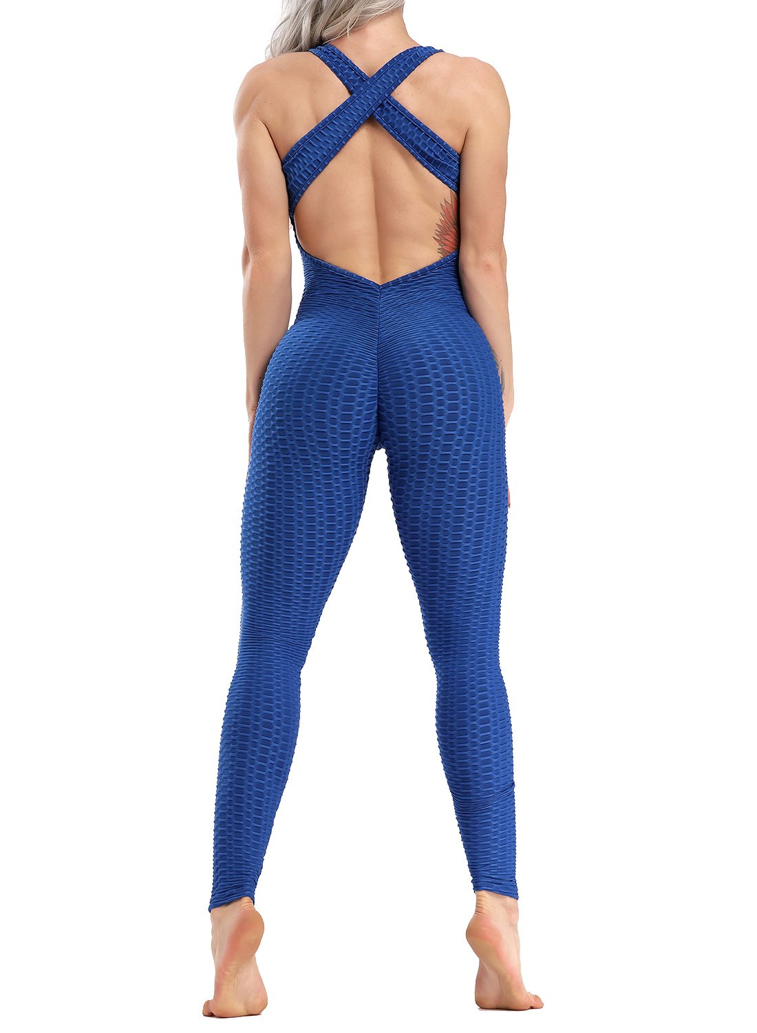 Women's Solid Color Backless Textured Yoga Jumpsuits