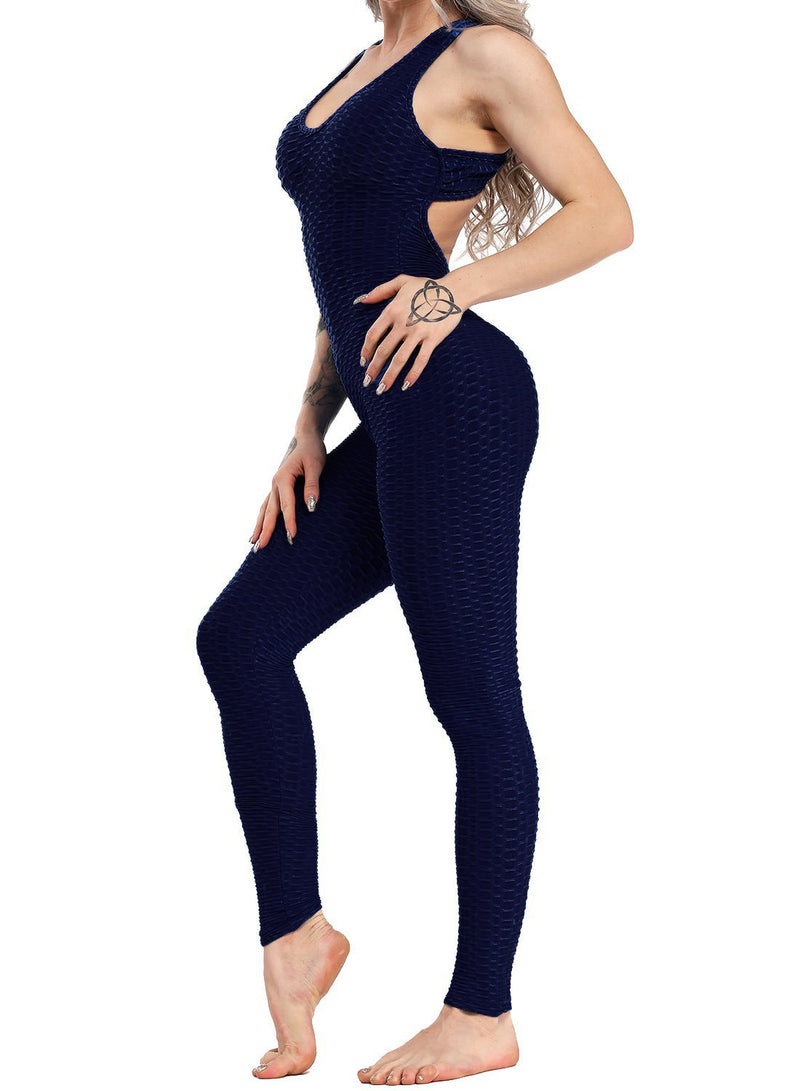 Women's Solid Color Backless Textured Yoga Jumpsuits