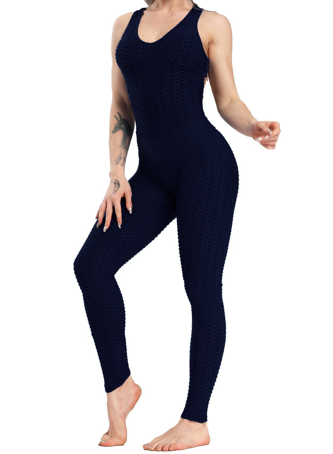 Women's Solid Color Backless Textured Yoga Jumpsuits
