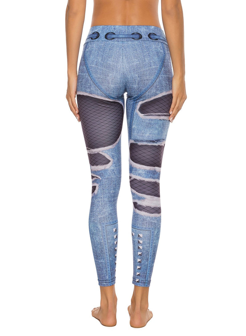 Denim Print Elastic Waistband Workout Yoga Pants