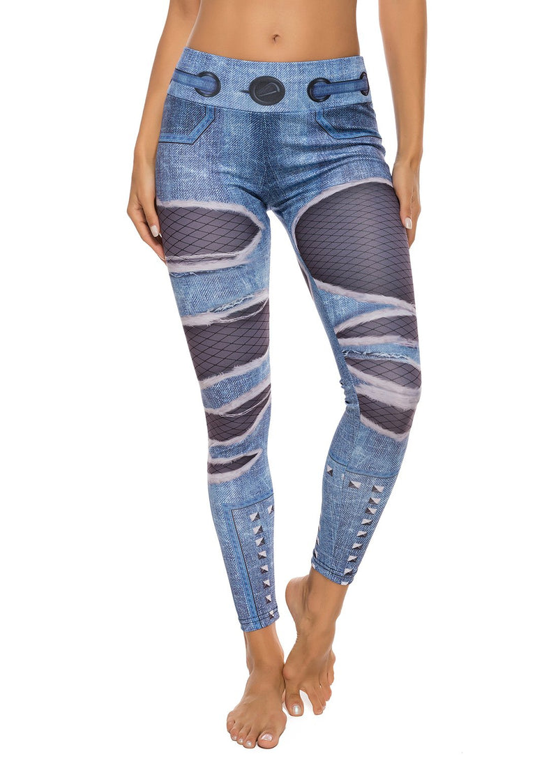 Denim Print Elastic Waistband Workout Yoga Pants