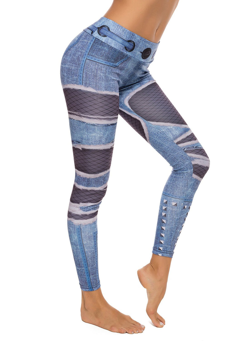 Denim Print Elastic Waistband Workout Yoga Pants