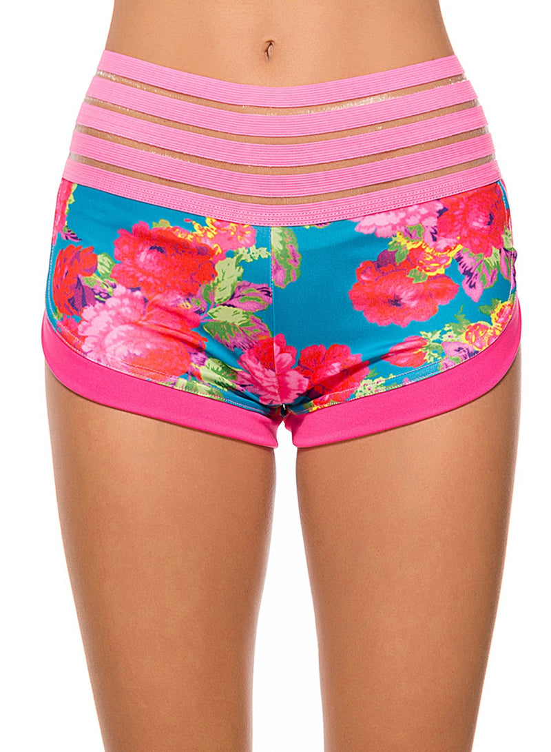 Floral Print Ruched Pockets Hollow Women Yoga Shorts