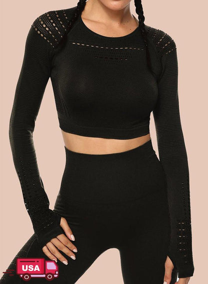 Women's Seamless Long Sleeve Hollow Crop Top