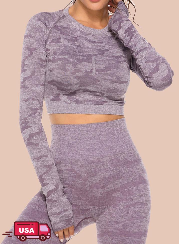 Women's Camouflage Seamless Back Hollow Pleating Yoga Top