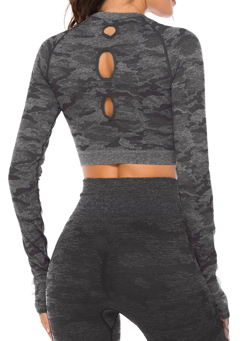 Women's Camouflage Seamless Back Hollow Pleating Yoga Top